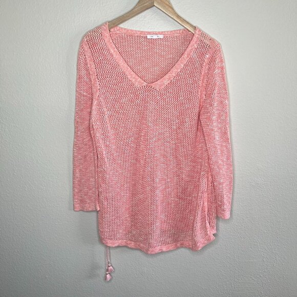 Talbots women’s large tasseled Pink open Knit V-Neck Pullover Sweater - Picture 2 of 10